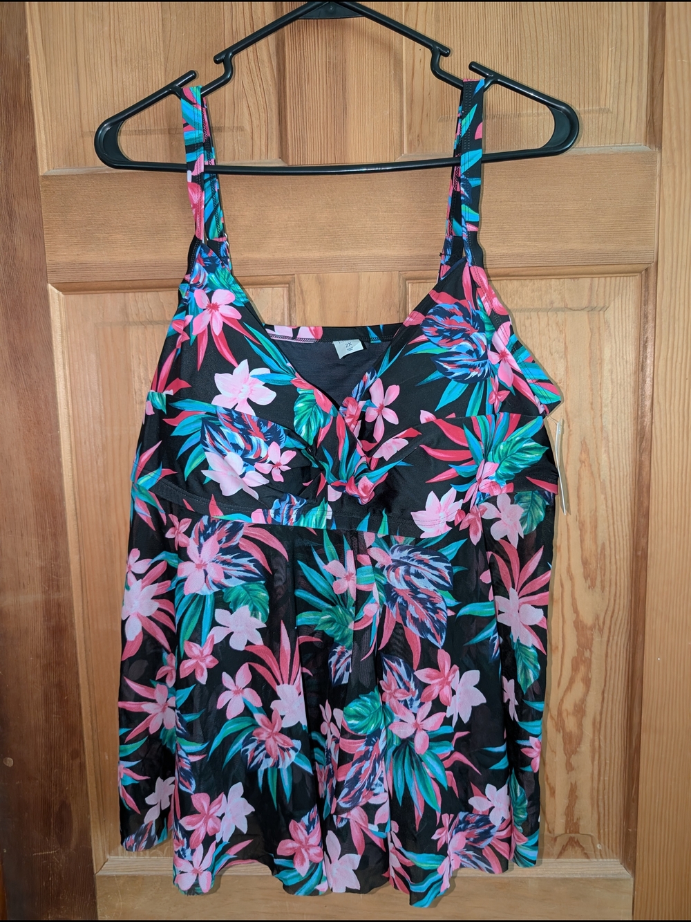 croft & barrow Black Floral Tankini Top with Pink & Teal Tropical Blooms